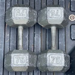 PAIR OF 75 POUND HEX DUMBBELLS 