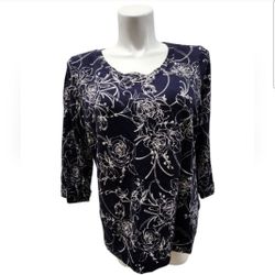 Karen Scott Sport Size 1X Navy Blue Floral Blouse