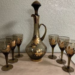 Antique Wine Decanter & Glasses 24K Gold Trim