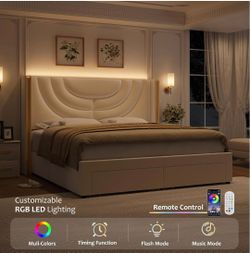King Upholstered LED Bed Frame with 2 Storage Drawers, Velvet Platform Bed with Wingback Headboard, Solid Wooden Slats Support, No Box Spring Needed, 