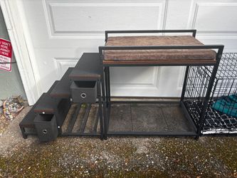 Elevated pet bed with stairs and storage