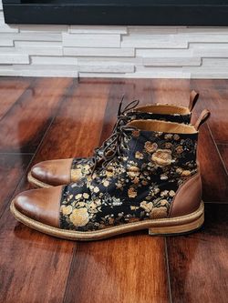 TAFT The Jack Boot Eden Cognac Floral Jacquard Leather Ankle Boots EU 43 US 10