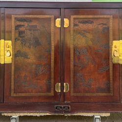 Heritage Asian-Style Red Lacquer Four-Door Cabinet w/ Brass Hardware & Scenic Panels