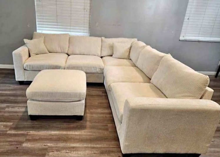 New 99x99 Corduroy Sectional Couch With Ottoman / Free Delivery