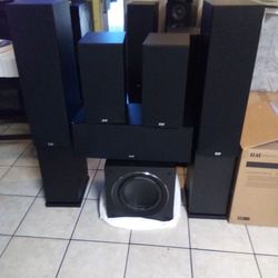 ELAC Home Theatre system.   DF 62 Towers, DB 62 Bookshelf,  DC 62,Center, Sub 3030