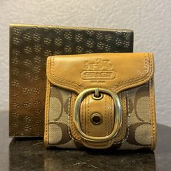 Coach Wallet, Camel Brown Leather, Signature Coach Fabric
