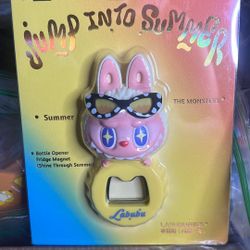 This is a Pop Mart The Monsters Jump Into Summer Series Labubu bottle opener and fridge magnet.  Brand: Pop Mart Series: The Monsters Jump Into Summer