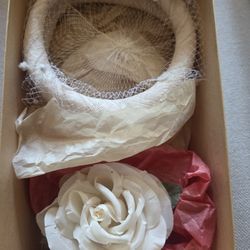 Vintage White Pillbox Hat & Fabric Rose Accessory