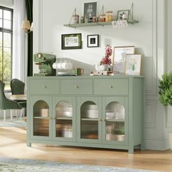 55''Wide Buffet Credenzas, Large Dining Sideboard with 3 Drawers, 4 Glass Doors, Wood Coffee Bar Cabinet, Green