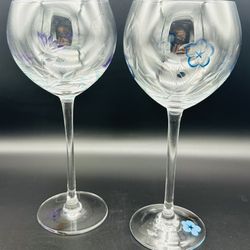 2 Lenox Etched & Painted Balloon Wine Glasses Floral Spirit Purple & Blue