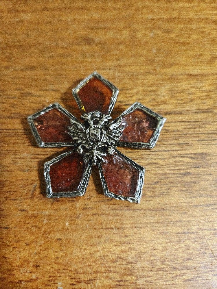 Vintage Rare CORO Brooch Royal Maltese Cross Russian Two-Headed Eagle Stained Glass Cross