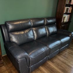 Reclining navy blue leather sofa 