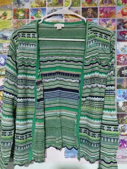 Green Striped Knit Open-Front Cardigan