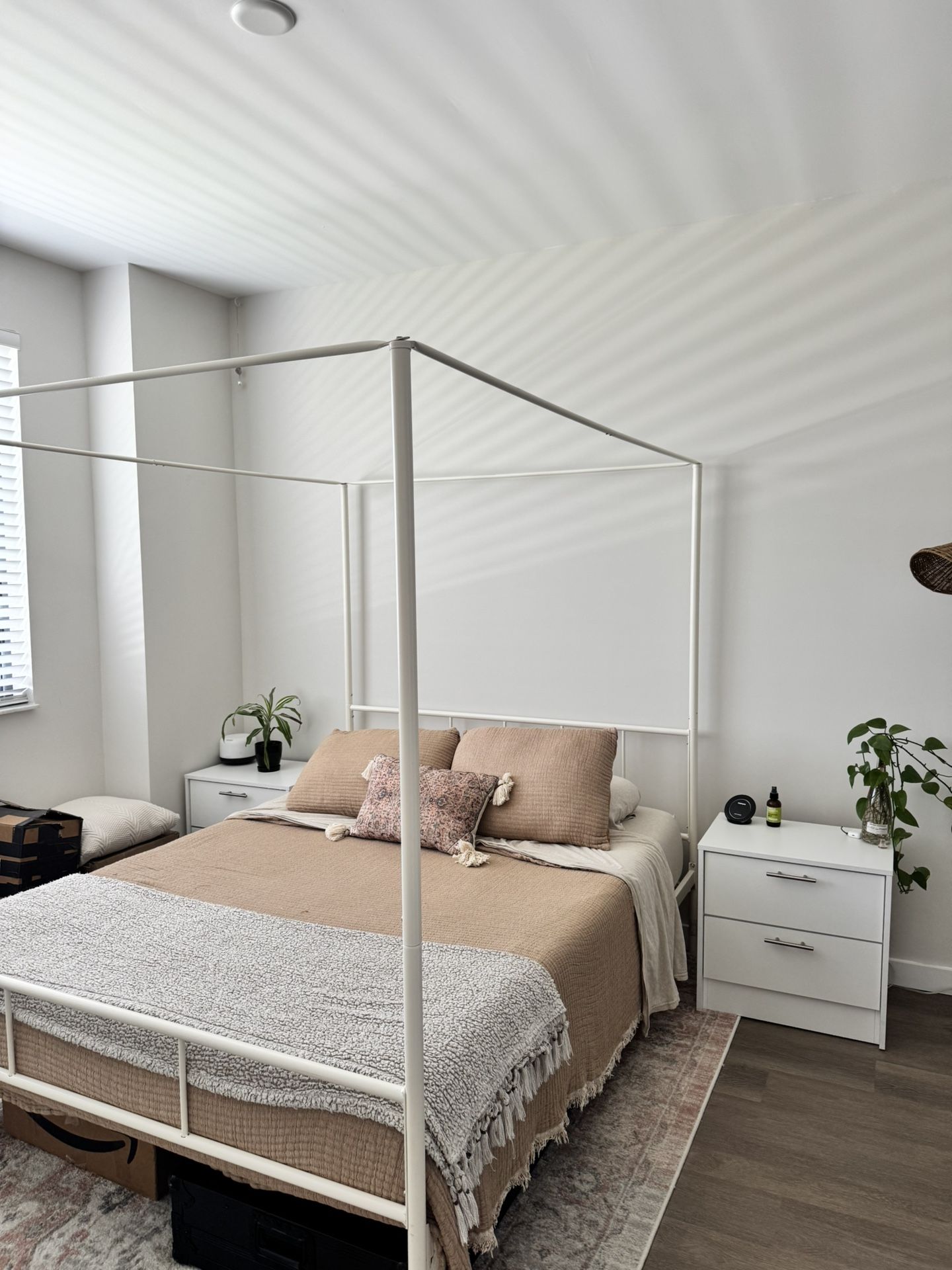 Queen White Canopy Bed Frame + Mattress & Bedding Set – Gently Used – All-In-One Deal, or Seperate!