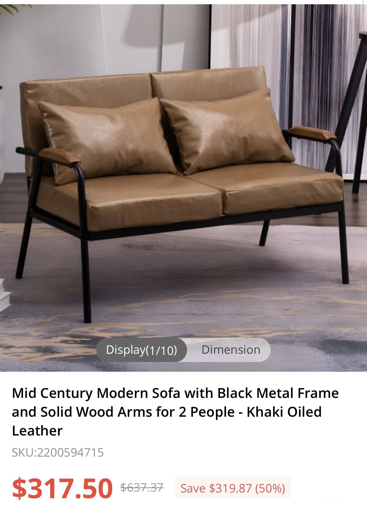 Century Modern Sofa with Black Metal Frame and Solid Wood Arms for 2 People