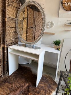 White Vanity Desk $33  with Oval Mirror LED-lit mirror $55