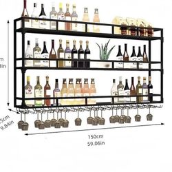 59 Inch Metal Wine Rack Wall Mounted, Bar Shelves Wall Mounted with LED Light, Large 3-Tier Liquor B