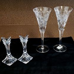 Waterford Millennium Champagne Flutes Pair with Waterford Candlestick Holder Set 