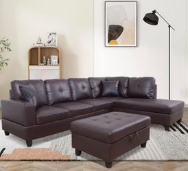 Espresso brown leather sectional couch and ottoman