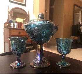 Vintage Carnival Glass-  Blue Iridescent  (Candy Dish & Lid / 2 Goblets)