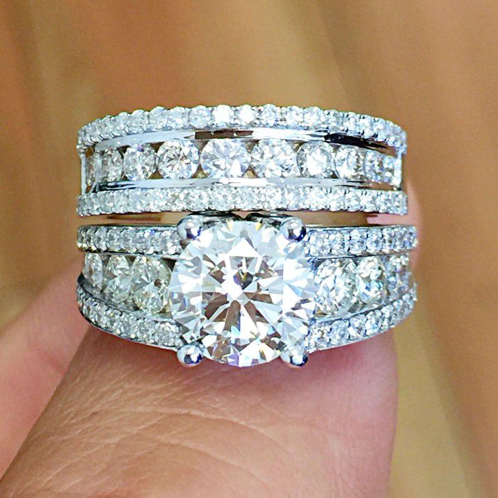 "Bague Eternity Full CZ Diamonds Silver Plated Couple Chunky Ring Set, L502
 
 