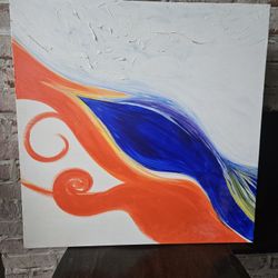 Abstract art with textured white space and flowing orange & blue colors - 2' Sq.