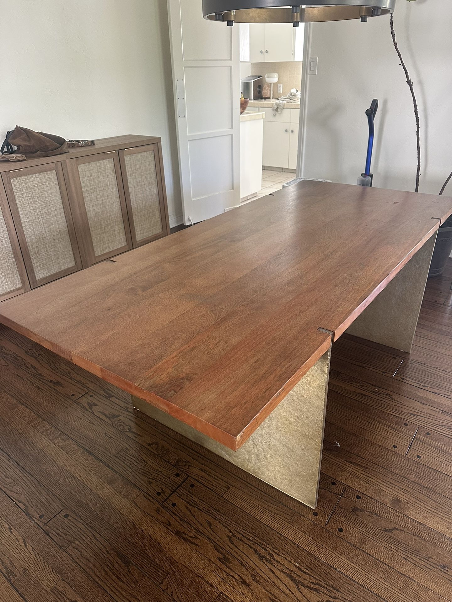 Cb2 studio wood dining table, brass wooden table