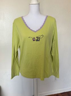 Wishpers women’s vintage lime V-neck lilac lace long sleeve pajama top with dogs print size XL