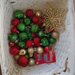 Christmas Ornament Lot - Basket Full of Ornaments + Star Topper + 200 Hooks