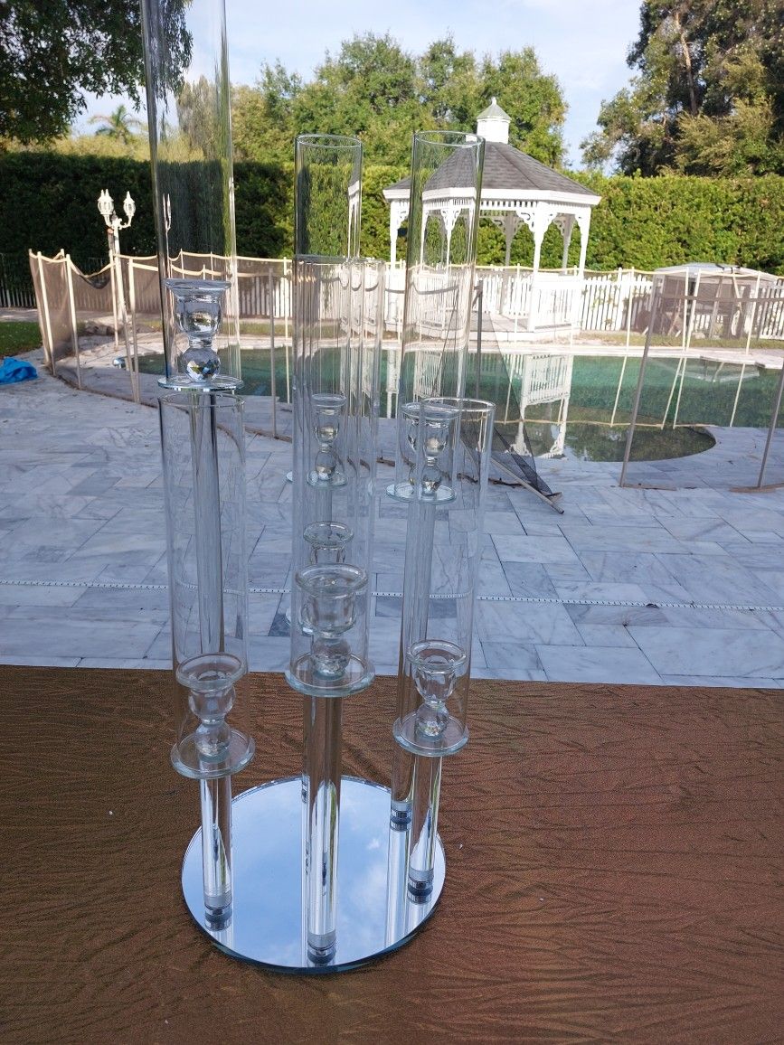 7" Clear Crystal 7 Arm Cluster Center Piece Candle Stick Stand Worh Hurricane Shades, Candleabras