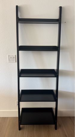 Modern black tiered leaning shelves -black metal rolling cart -excellent condition !