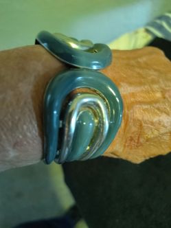 Vintage wide teal enamel and silver tone cuff bracelet