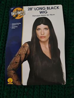 Halloween long black synthetic wig for sale.