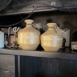 Set of 2 Vintage Ethic Style Carved Clay Pottery Vases with Hemp Rope Tassels