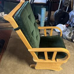 Vintage Wood Glider Rocking Chair with Matching Ottoman – Green Cushions