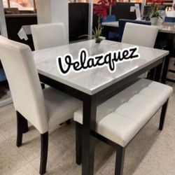 ✅️✅️ 5 pc dark finish wood faux marble top  rectangular dining table set with bench ✅️✅️