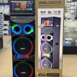 High-End Party Speaker: 15.4" Touch Screen and Dual 12" Subwoofers with 2 Wireless Microphones