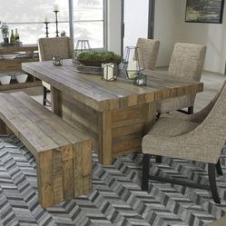 Rustic Wood Dinning Table with 4 chairs and bench