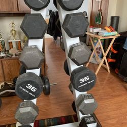 Workout Weight, Equipment, Metal And Rubber Weights, Various Sizes Also A Curl Bar And A Straight Bar, Some Free Weights