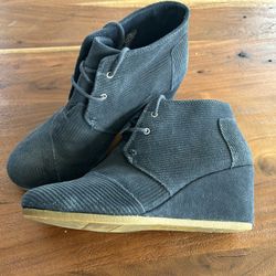 TOMS Navy Corduroy Wedge Booties, Size 10