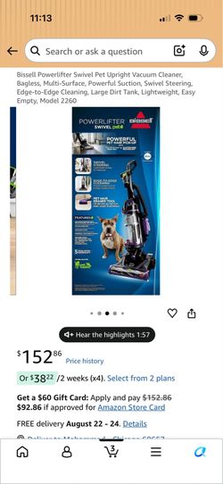 Bissell Powerlifter Swivel Pet Upright Vacuum Cleaner, Bagless, Multi-Surface, Powerful Suction, Swivel Steering, Edge-to-Edge Cleaning, Large Dirt Ta