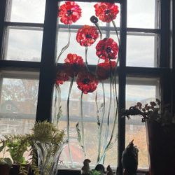 Red Flowers On Glass. Hand Painted Signed Not Sold