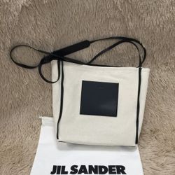 JIL SANDER Border medium canvas and leather tote bag
