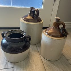 3 Antique Old Stoneware Salt Glaze Crocks Pitchers