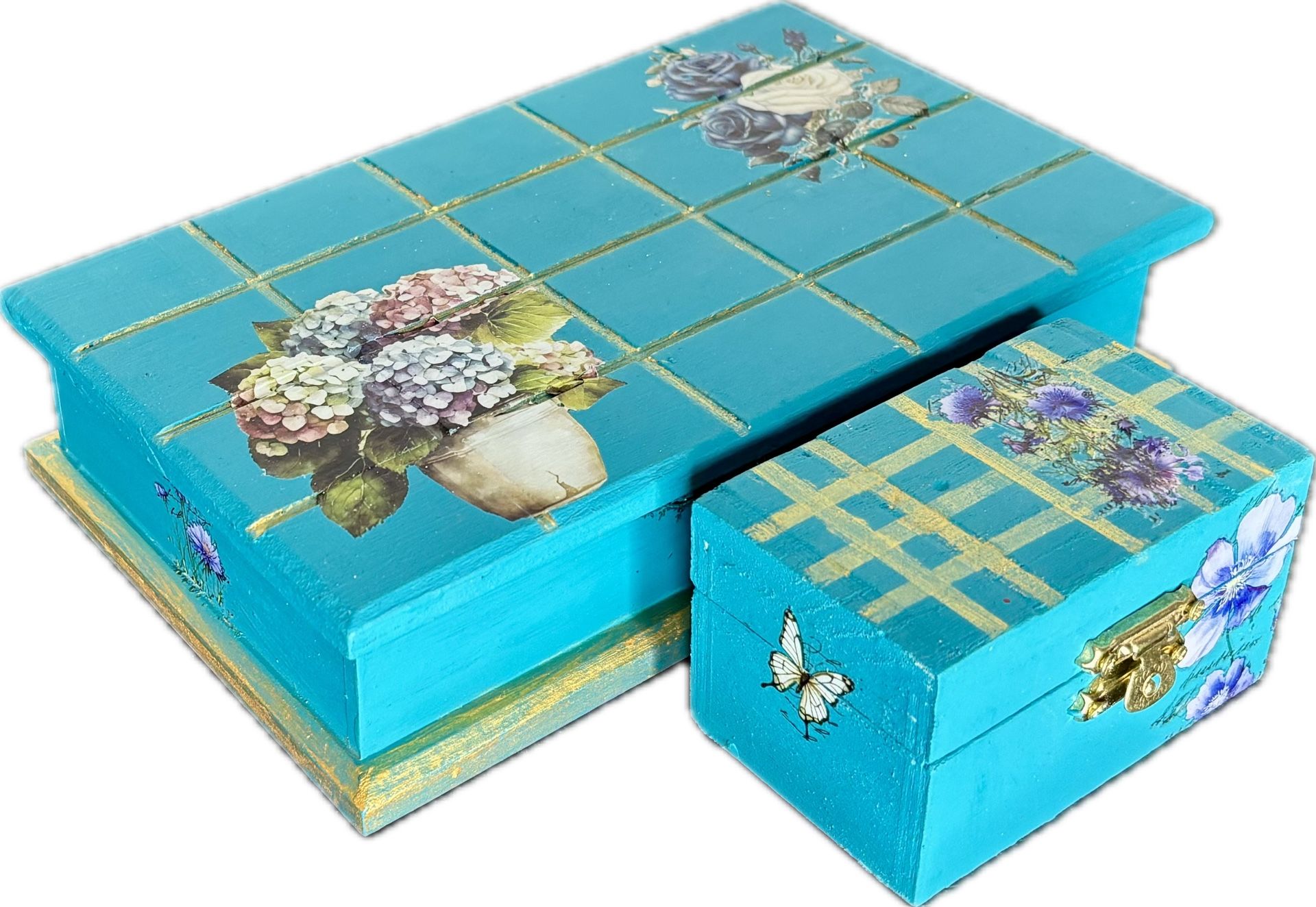 Blue Painted Vintage Jewelry Box With Bonus Trinket Box