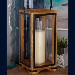 Deco 79 Mango Wood Handmade Pillar Candle Lantern, 8" X 8" X 22", Tan