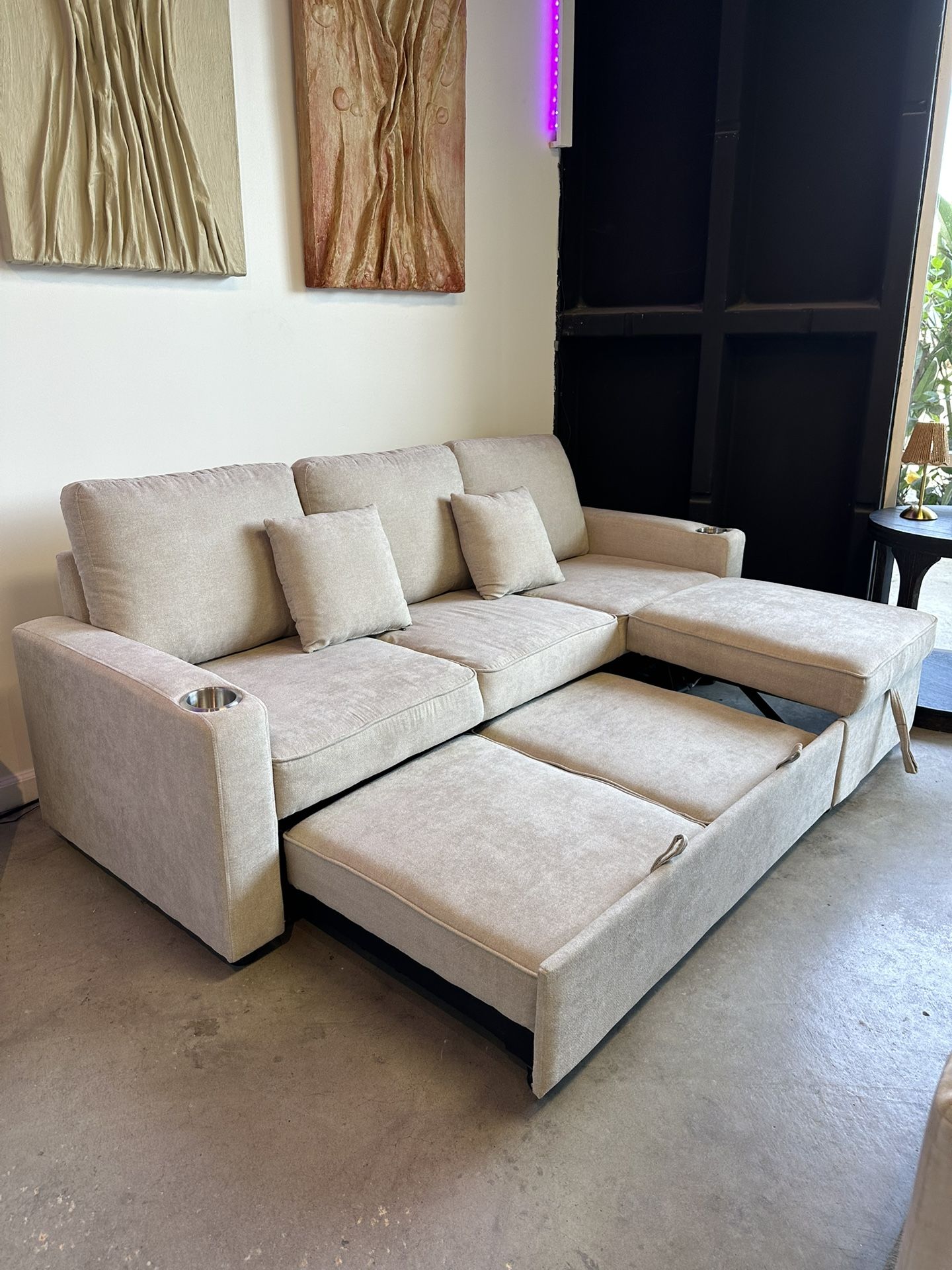 Sleeper Sofa w/ Pull-Out Bed & Storage Chaise β Small Space Apartment Couch w/ Cupholder β FREE Delivery