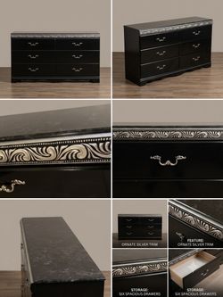 Sleek Black 6-Drawer Dresser with Faux-Marble Top & Silver Trim
