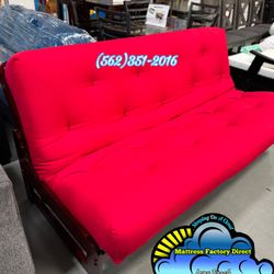 New Foldable Wood Futon With Red Cushion Mattress 