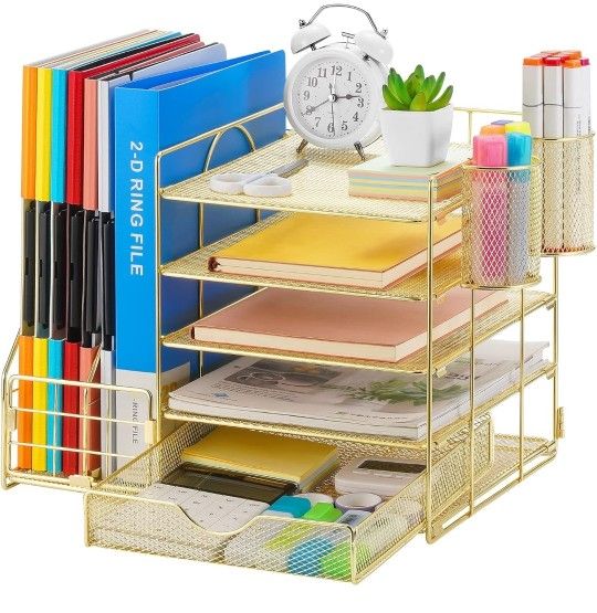 Gold Desk Organizer with File Holder, 5-Tier Paper Letter Tray Organizer with Drawer and 2 Pen Holder, Mesh Desktop Organizer and Storage with Magazin